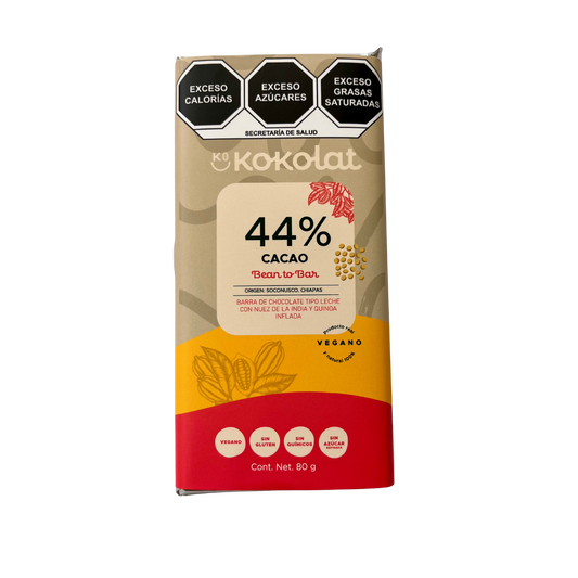 Barra de Chocolate Vegano 44% tipo leche con Quinoa Inflada
