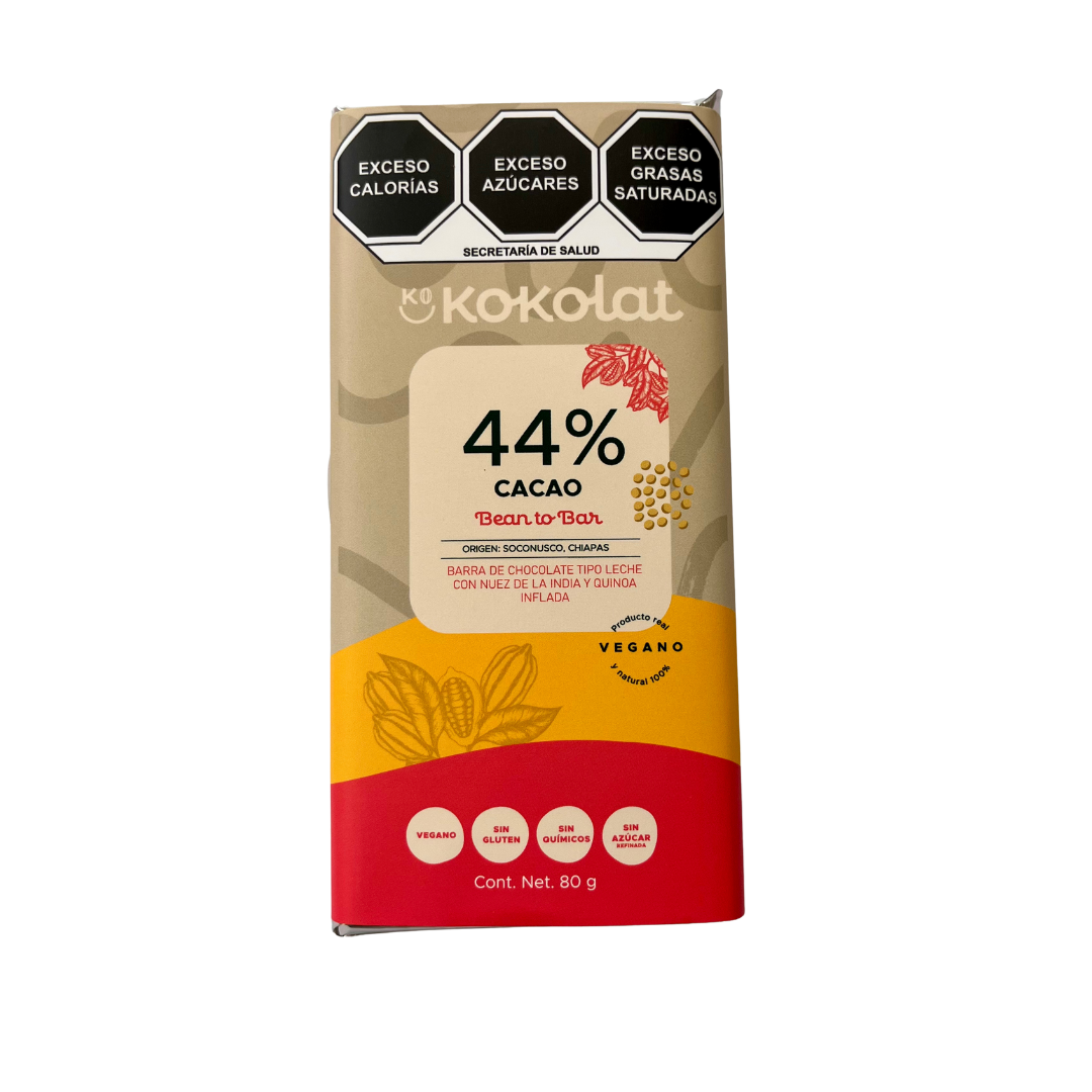 Barra de Chocolate Vegano 44% tipo leche con Quinoa Inflada